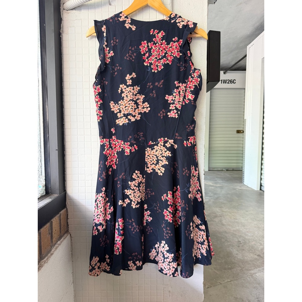 Rebecca Taylor Silk Floral Fit Flare Dress 8 Navy Pink Ruffle V-Neck - Picture 5 of 8